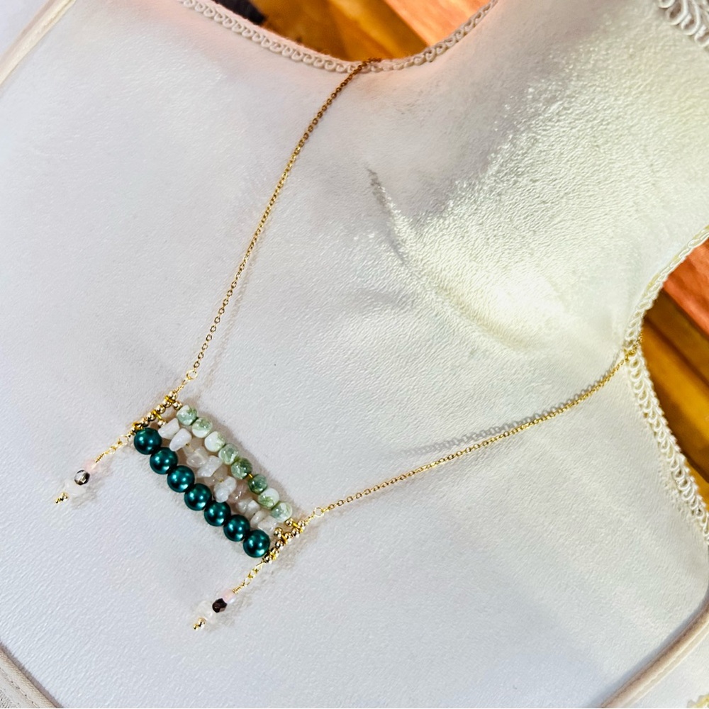 Handcrafted triple row bar stone pearl necklace